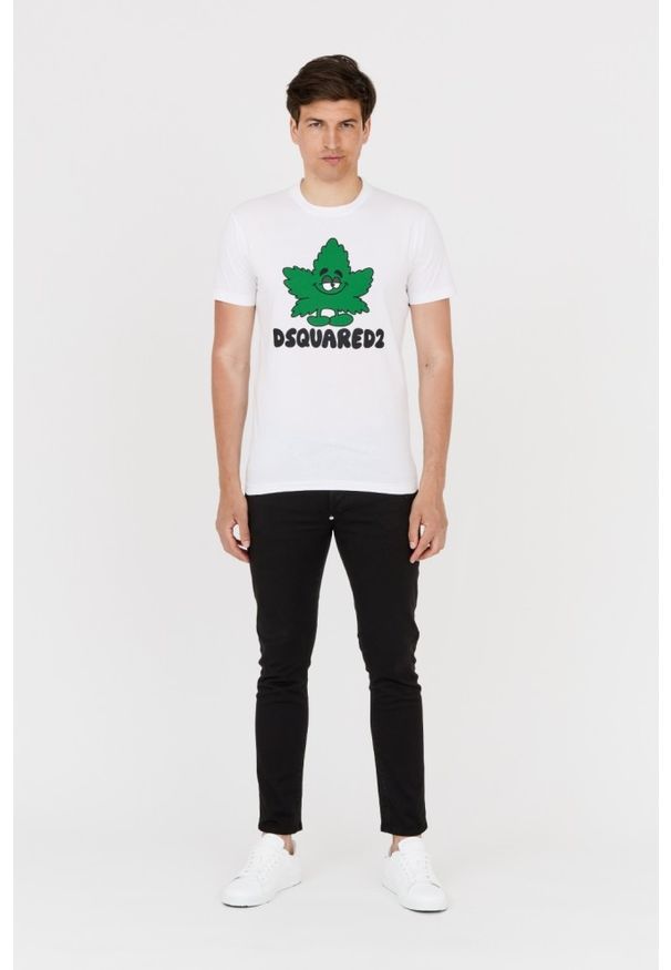 DSQUARED2 Męski biały t-shirt z zielonym liściem, Rozmiar M. Kolor: biały. Wzór: nadruk