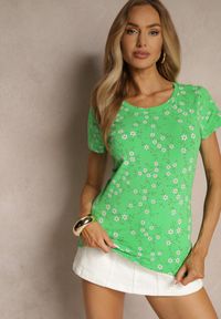 Renee - Zielony Bawełniany T-shirt z Kwiatowym Wzorem Savioraie. Okazja: na co dzień. Kolor: zielony. Materiał: bawełna. Wzór: kwiaty. Styl: klasyczny, casual #4