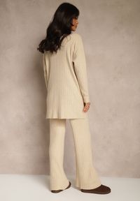 Renee - Beżowy Komplet Prążkowany z Bawełną Sweter Oversize i Szerokie Spodnie Wedorena. Kolor: beżowy. Materiał: bawełna, prążkowany #2