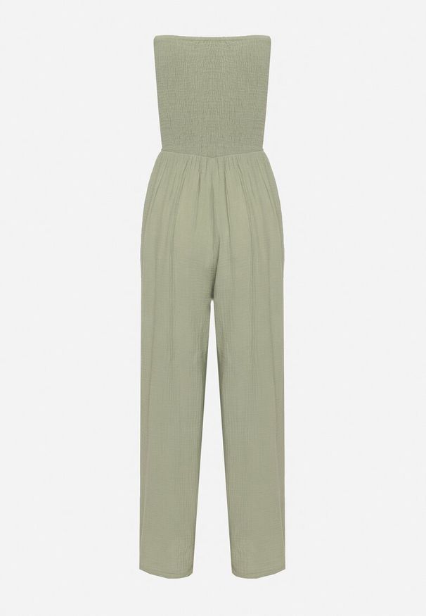 Born2be - Jasnozielony Bawełniany Taliowany Kombinezon Góra Bandeau Wykończona Gumkami Moranna. Okazja: na co dzień. Kolor: zielony. Materiał: bawełna. Sezon: lato. Styl: casual, klasyczny