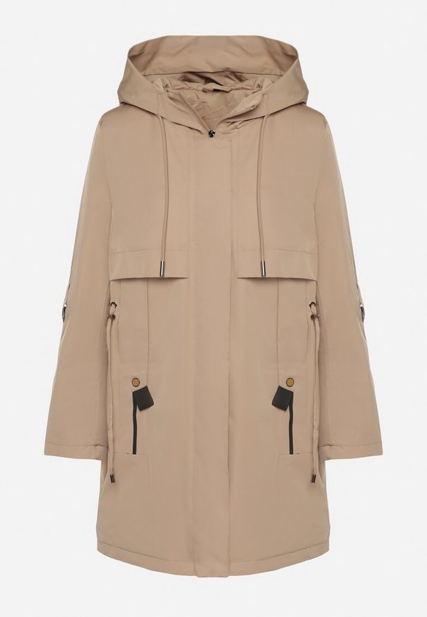 Born2be - Ciemnobeżowa Klasyczna Kurtka Parka z Kapturem i Ściągaczem w Talii Tulasira. Okazja: na co dzień. Typ kołnierza: kaptur. Kolor: beżowy. Materiał: jeans. Styl: klasyczny