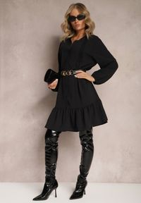 Renee - Czarna Koszulowa Sukienka Mini Galdra. Kolor: czarny. Wzór: aplikacja. Typ sukienki: koszulowe. Długość: mini