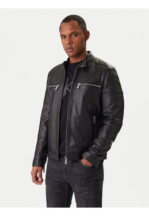 Karl Lagerfeld - KARL LAGERFELD Kurtka skórzana 555022 561421 Czarny Slim Fit. Typ kołnierza: dekolt w karo. Kolor: czarny. Materiał: skóra