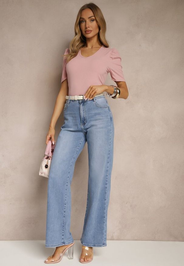 Renee - Różowy T-shirt z Trójkątnym Dekoltem Sunille. Okazja: na co dzień. Kolor: różowy. Materiał: jeans. Styl: casual