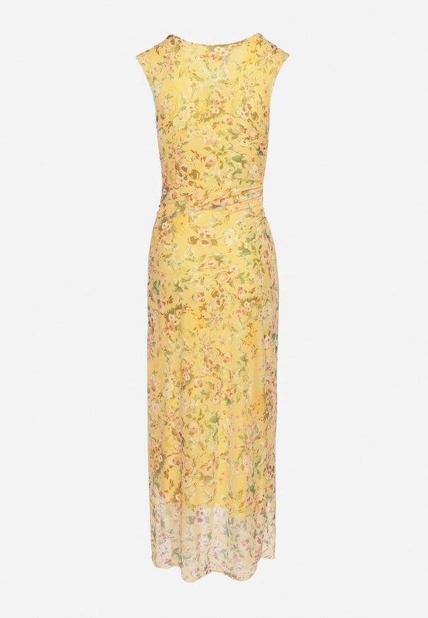 Born2be - Żółta Koktajlowa Taliowana Sukienka w Kwiaty z Wiskozową Podszewką Lidra. Okazja: na wesele, na imprezę, na co dzień, na ślub cywilny. Kolor: żółty. Materiał: wiskoza. Wzór: kwiaty. Styl: wizytowy