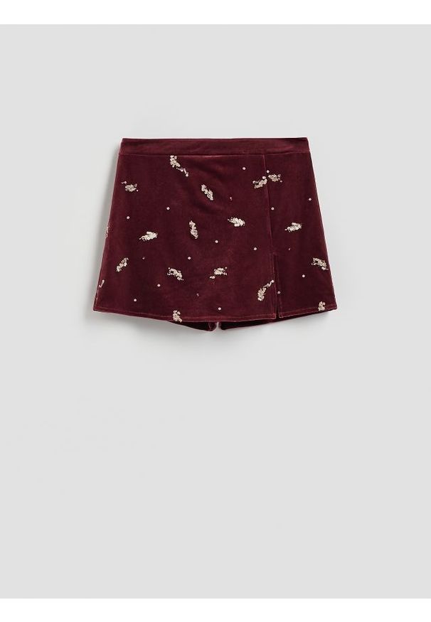 Reserved - Spódnico-szorty z cekinami - burgundowy. Kolor: czerwony. Materiał: welur