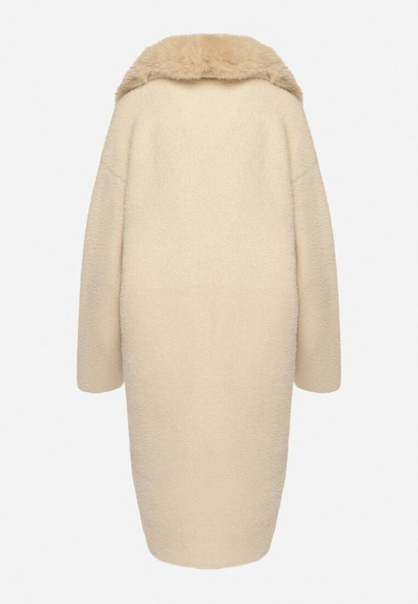 Born2be - Beżowy Dzianinowy Płaszcz z Wełną z Odpinanym Futrzanym Kołnierzem Floriti. Okazja: na co dzień. Kolor: beżowy. Materiał: futro, wełna, dzianina. Styl: elegancki, klasyczny, casual