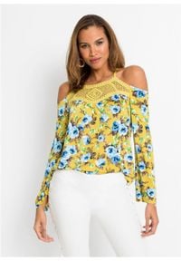 Shirt z szydełkową koronką bonprix żółto-niebieski w kwiaty. Kolor: żółty. Materiał: koronka. Wzór: kwiaty, koronka #2