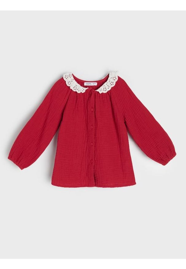 Sinsay - Bluzka koszulowa z haftowanym kołnierzykiem - czerwony. Kolor: czerwony. Wzór: haft