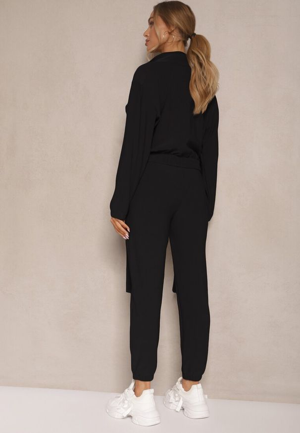 Renee - Czarny Komplet Dresowy Utility Bluza Rozpinana i Spodnie z Kieszeniami Telinoria. Kolor: czarny. Materiał: dresówka. Wzór: aplikacja