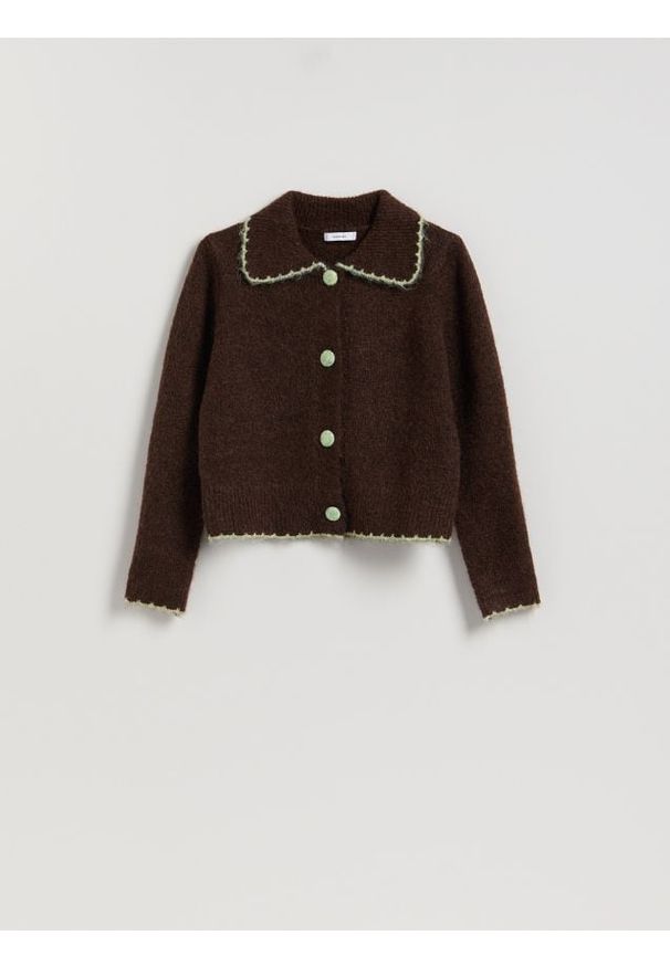 Reserved - Kardigan z kołnierzykiem - brązowy. Kolor: brązowy. Materiał: wełna, dzianina