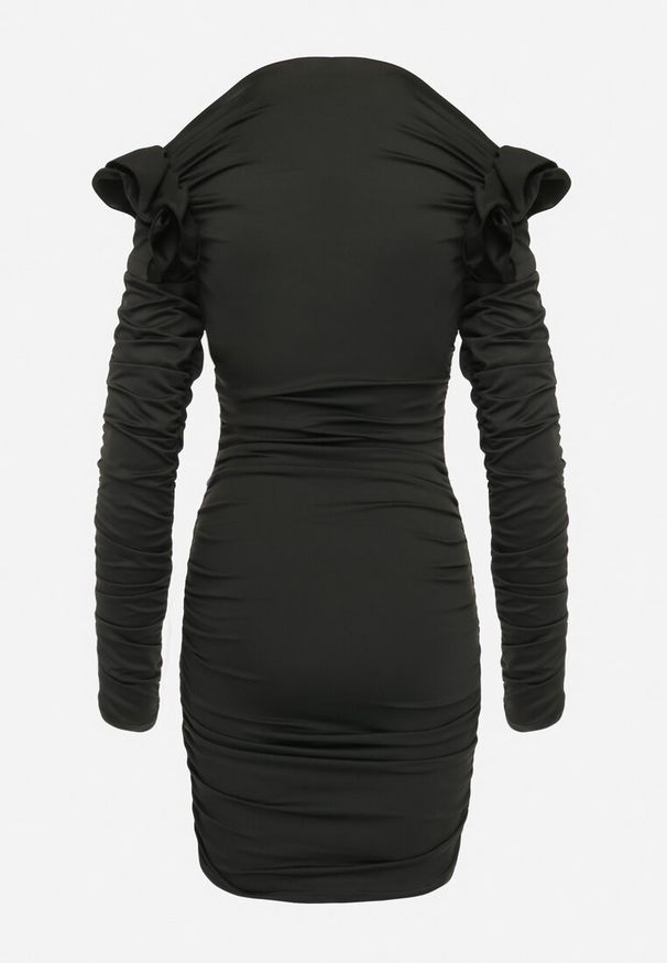 Born2be - Czarna Drapowana Sukienka Mini z Rozcięciami i Kwiatami Jadinia. Kolor: czarny. Wzór: kwiaty. Styl: elegancki. Długość: mini