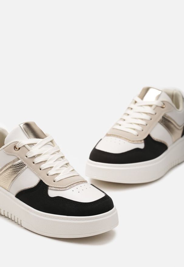Renee - Beżowo-Czarne Sneakersy na Platformie z Brokatowymi Akcentami Sellona. Nosek buta: okrągły. Zapięcie: sznurówki. Kolor: beżowy. Materiał: materiał. Obcas: na platformie. Wysokość obcasa: niski
