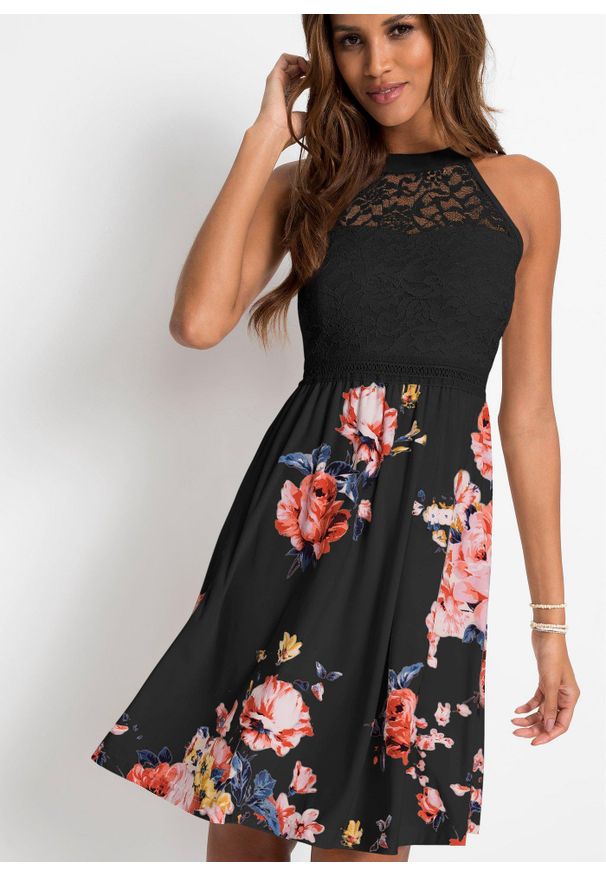 bonprix - Sukienka z dżerseju z koronką. Kolor: czarny. Materiał: jersey, koronka. Wzór: koronka