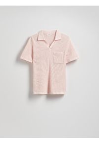 Reserved - Ażurowy sweter polo - pastelowy róż. Typ kołnierza: polo. Kolor: różowy. Materiał: bawełna, dzianina. Wzór: ażurowy