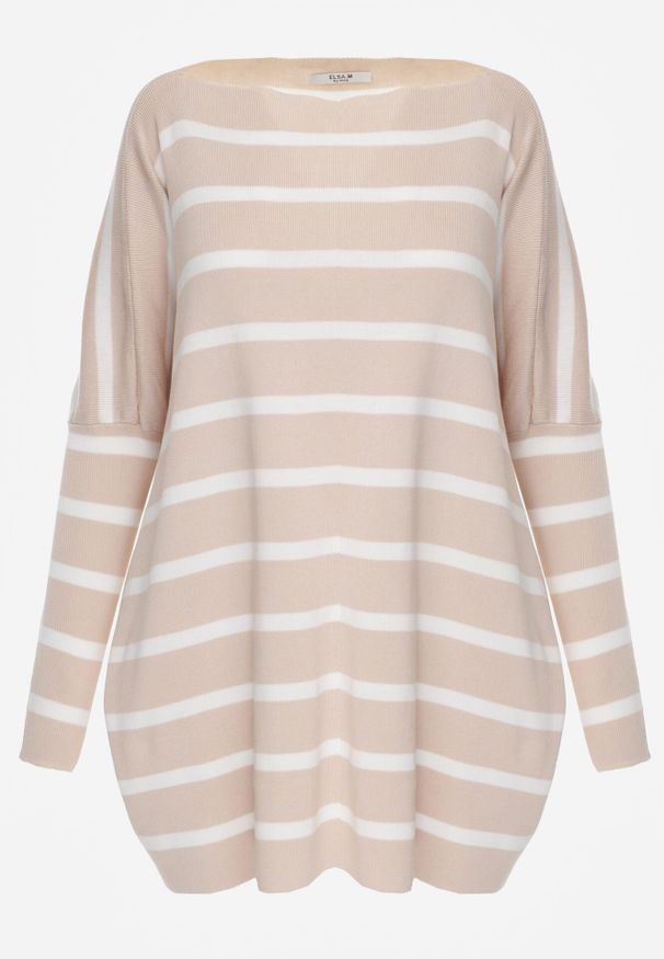 Born2be - Beżowy Sweter Oversize w Paski z Rękawami Nietoperz Caelania. Kolor: beżowy. Wzór: paski