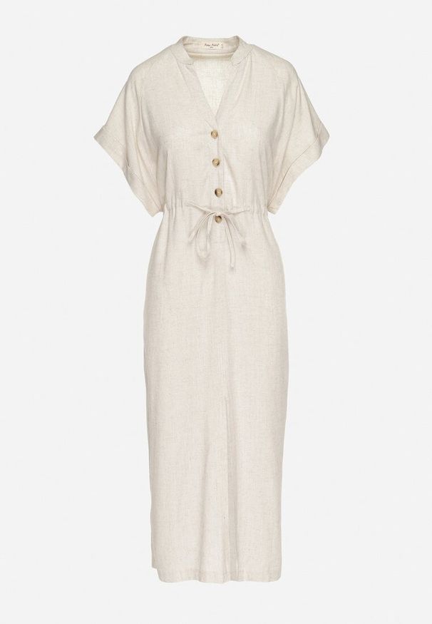 Born2be - Beżowa Bawełniana Sukienka z Koszulową Górą i Ściągaczem w Talii Vikleta. Okazja: na co dzień. Typ kołnierza: dekolt w kształcie V. Kolor: beżowy. Materiał: bawełna. Typ sukienki: koszulowe. Styl: casual, klasyczny