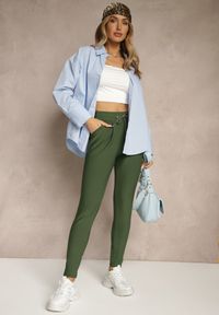 Renee - Zielone Dopasowane Spodnie High Waist z Gumką i Wiązaniem w Talii Zelpia. Okazja: na co dzień. Stan: podwyższony. Kolor: zielony. Styl: casual, elegancki