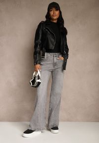 Renee - Szare Szerokie Jeansy z Bawełny High Waist Ozdobione Przetarciami Orryna. Okazja: na co dzień. Stan: podwyższony. Kolor: szary. Wzór: aplikacja. Styl: casual #1