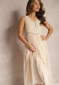 Renee - Beżowa Maxi Sukienka o Rozkloszowanym Kroju z Koronką i Tiulem Herdolia. Kolor: beżowy. Materiał: koronka, tiul. Wzór: koronka. Długość: maxi #4