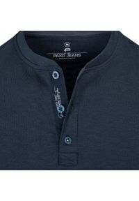 Granatowy Męski T-Shirt, Dekolt z Guzikami - Pako Jeans. Okazja: na co dzień. Kolor: niebieski. Materiał: bawełna. Styl: casual