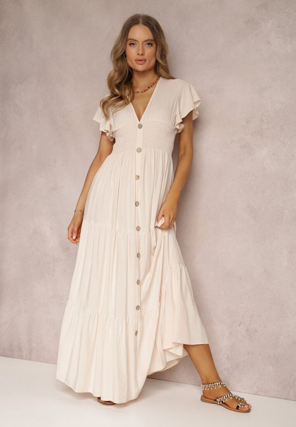 Renee - Beżowa Sukienka z Wiskozy Lobsy. Okazja: na co dzień, na spacer. Kolor: beżowy. Materiał: wiskoza. Długość rękawa: krótki rękaw. Wzór: gładki, aplikacja. Sezon: lato. Styl: casual. Długość: maxi