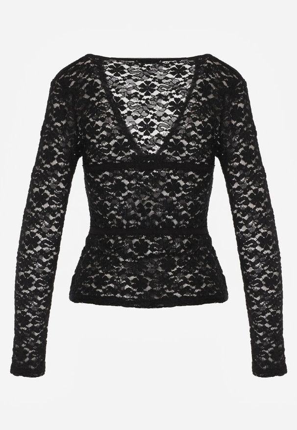 Born2be - Czarna Koronkowa Bluzka z Długim Rękawem i Dekoltem w Serek Senafera. Typ kołnierza: dekolt w serek. Kolor: czarny. Materiał: koronka. Długość rękawa: długi rękaw. Długość: długie. Styl: elegancki, klasyczny