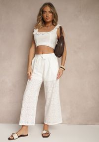 Renee - Białe Spodnie High Waist z Bawełnianej Tkaniny Zdobionej Haftem Mevirona. Okazja: na co dzień. Stan: podwyższony. Kolor: biały. Materiał: bawełna, tkanina. Wzór: aplikacja, haft. Styl: elegancki, casual #3