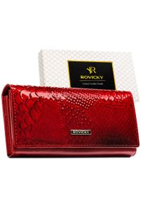 ROVICKY - Czerwony portfel damski z lakierowanej skóry naturalnej zamykany na zatrzask Rovicky RPN-24A-RSP. Kolor: czerwony. Materiał: skóra, lakier. Wzór: aplikacja #1