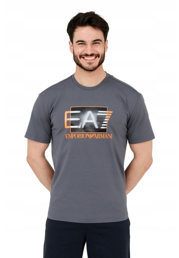 EA7 Emporio Armani - EA7 Męski szary t-shirt z holograficznym logo, Rozmiar XL. Kolor: szary