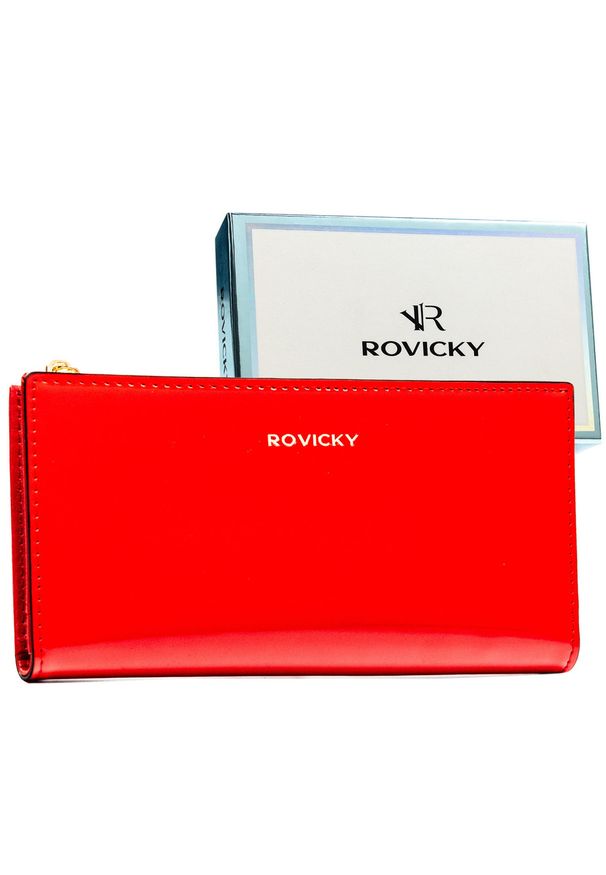 ROVICKY - Czerwony, duży portfel damski ze skóry ekologicznej zamykany suwakiem i zatrzaskiem - Rovicky. Kolor: czerwony. Materiał: skóra ekologiczna
