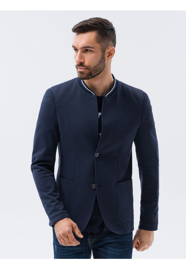 Ombre Clothing - Marynarka męska casual ze ściągaczem M84 - granatowa - XXL. Okazja: na co dzień. Kolor: niebieski. Materiał: poliester, bawełna, tkanina. Styl: casual