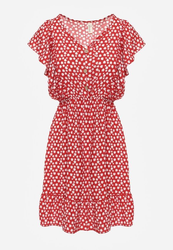 Renee - Czerwona Bawełniana Sukienka o Rozkloszowanym Kroju z Guzikami w Kwiatowy Wzór Roniva. Okazja: na imprezę, na co dzień. Kolor: czerwony. Materiał: bawełna. Wzór: kwiaty. Sezon: lato. Typ sukienki: rozkloszowane, proste. Styl: casual