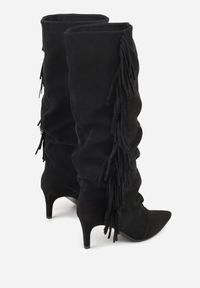 Born2be - Czarne Marszczone Kozaki z Imitacji Zamszu na Niskiej Szpilce z Frędzlami Linonra. Okazja: na randkę. Zapięcie: bez zapięcia. Kolor: czarny. Materiał: zamsz. Wzór: aplikacja. Sezon: zima, jesień. Styl: klasyczny, elegancki #6