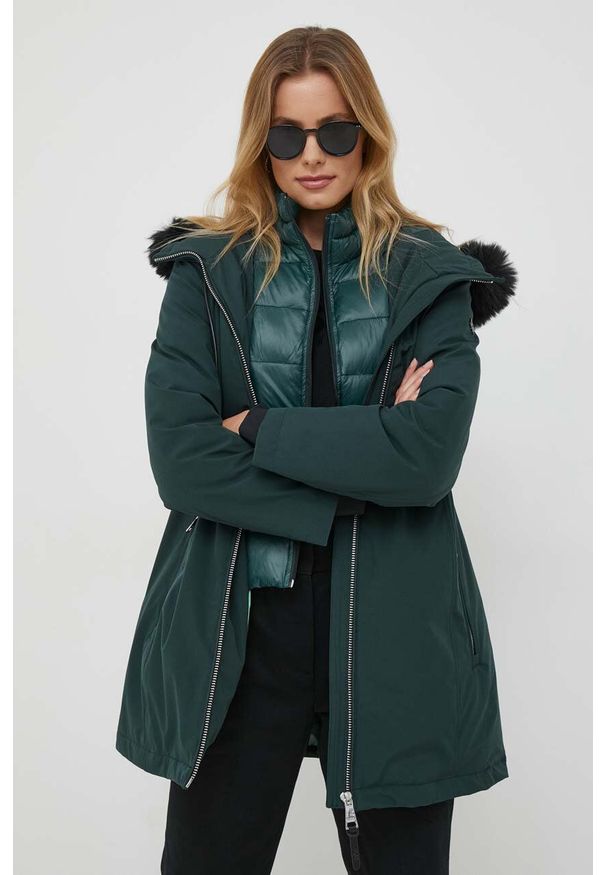 DKNY - Dkny kurtka damska kolor zielony przejściowa. Kolor: zielony. Materiał: polar, futro, włókno