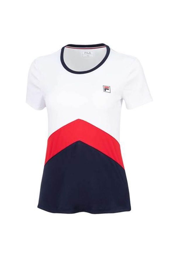 Koszulka treningowa damska Fila Aurelia. Kolor: niebieski, wielokolorowy. Materiał: poliester. Długość rękawa: krótki rękaw. Długość: krótkie. Sport: tenis