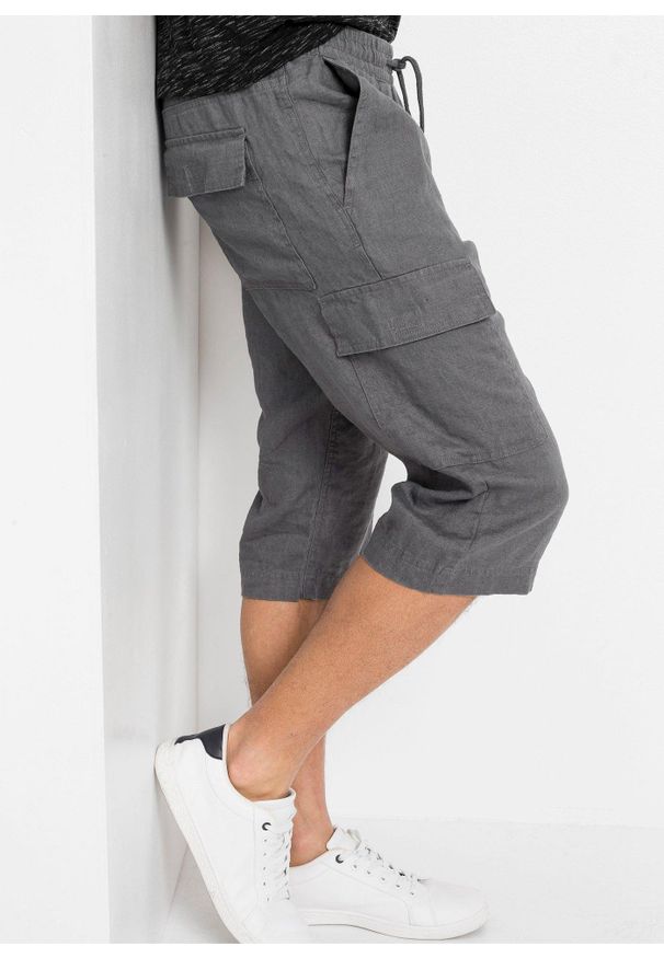bonprix - Bermudy bojówki z przewiewnej mieszanki lnu, regular fit. Kolor: szary. Materiał: materiał, len