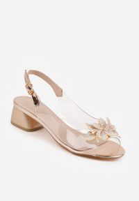 Renee - Szampańskie Transparentne Sandały VICES na Słupku Ozdobione Cyrkoniami i Kwiatem 3D Lagumare. Zapięcie: pasek. Kolor: złoty. Materiał: satyna. Wzór: kwiaty, aplikacja. Obcas: na słupku. Styl: glamour #2