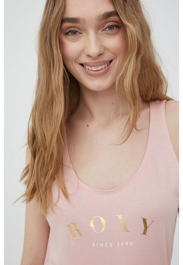 Roxy top damski kolor różowy. Kolor: różowy. Materiał: bawełna. Długość rękawa: na ramiączkach. Wzór: nadruk