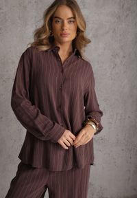 Renee - Brązowy Komplet z Wiskozy i Lnu w Delikatne Prążki Koszula i Spodnie Wide Leg Cliffesa. Kolor: brązowy. Materiał: wiskoza, len. Wzór: prążki #3