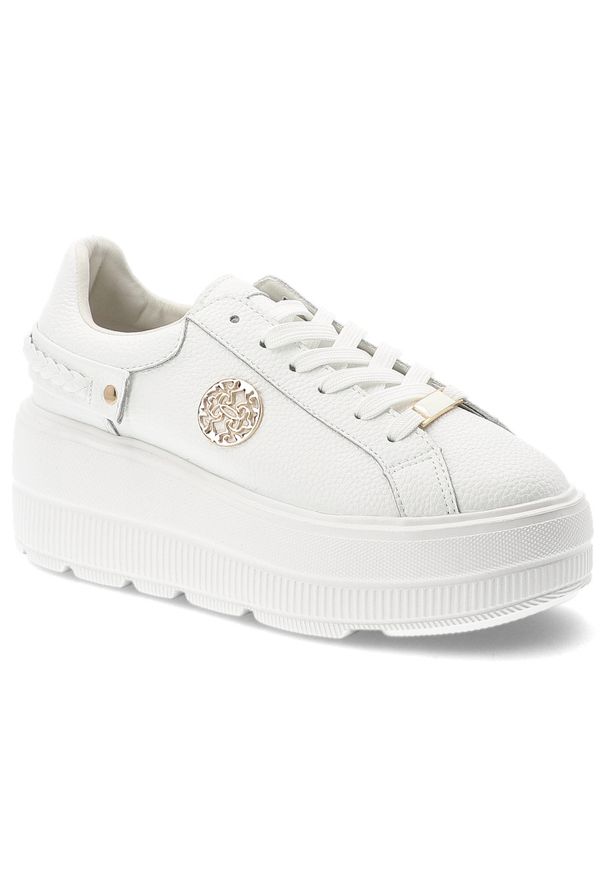 Sneakersy damskie S.Barski, ze skóry naturalnej licowej gruba podeszwa platforma sznurowane styl casual, białe, LR61-7095. Okazja: na co dzień. Kolor: biały. Materiał: skóra. Obcas: na platformie