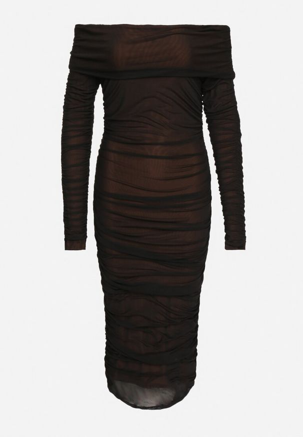 Born2be - Czarno-Brązowa Marszczona Sukienka Siateczkowa Hiszpanka z Wywiniętym Dekoltem Tinaveris. Typ kołnierza: dekolt hiszpanka. Kolor: czarny. Długość rękawa: długi rękaw. Sezon: lato. Styl: elegancki, klasyczny