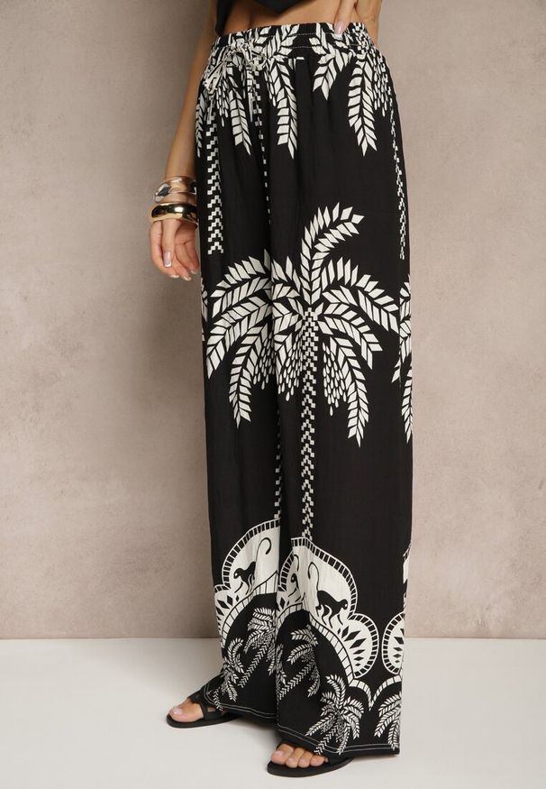 Renee - Czarne Spodnie z Wiskozy o Szerokim Kroju High Waist z Palmami Varritia. Okazja: na co dzień. Stan: podwyższony. Kolor: czarny. Materiał: wiskoza. Sezon: lato. Styl: elegancki, casual