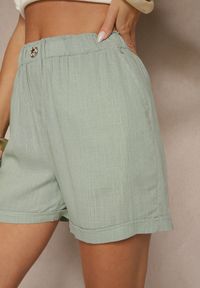 Renee - Zielone Casualowe Szorty z Lnem z Gumką w Pasie i Kieszeniami Filionella. Okazja: na co dzień. Kolor: zielony. Materiał: len. Sezon: lato. Styl: casual #4
