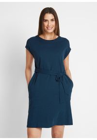 bonprix - Sukienka shirtowa z wiązanym paskiem. Kolor: niebieski. Materiał: bawełna