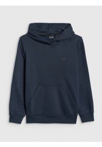 4f - 4F Bluza dresowa nierozpinana z kapturem chłopięca - granatowa 146 (10-11 lat). Okazja: na co dzień. Typ kołnierza: kaptur. Kolor: niebieski. Materiał: dresówka. Wzór: gładki, ze splotem, nadruk. Sezon: lato. Styl: casual, sportowy #1