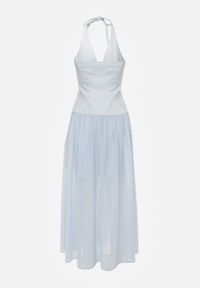 Born2be - Niebieska Sukienka z Wiązanym Dekoltem Typu Halter i Biżuteryjnymi Guzikami Raena. Okazja: na co dzień. Typ kołnierza: dekolt halter. Kolor: niebieski. Typ sukienki: proste. Styl: casual. Długość: midi #4