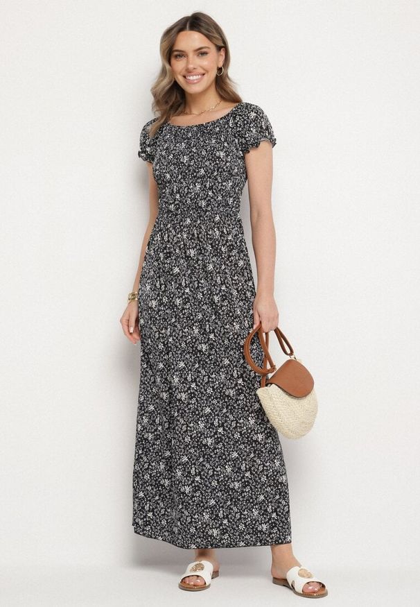 Born2be - Czarna Sukienka z Bufkami przy Rękawach w Kwiaty Neralese. Okazja: na co dzień, na imprezę. Kolor: czarny. Materiał: jeans. Wzór: kwiaty. Sezon: lato. Styl: casual