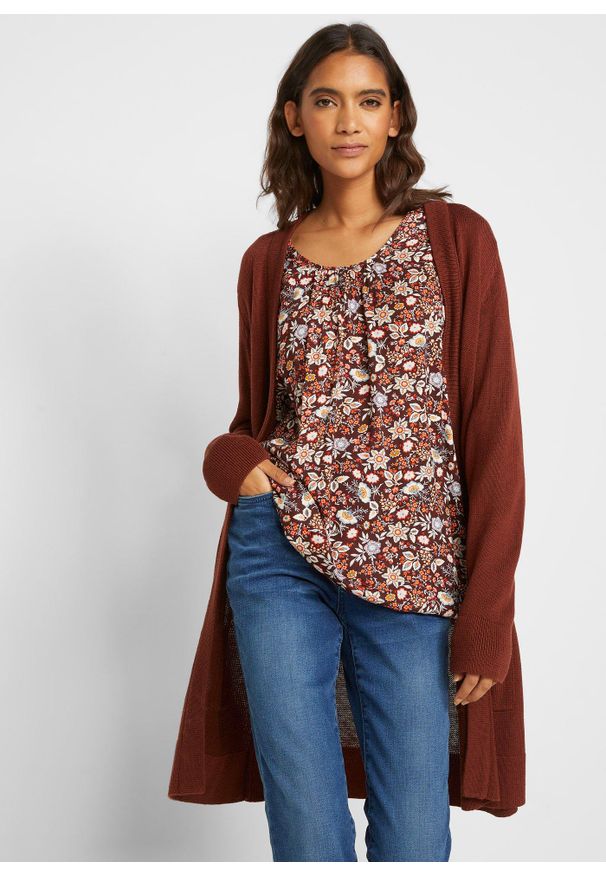 bonprix - Długi sweter dzianinowy bez zapięcia, długi rękaw. Kolor: brązowy. Materiał: dzianina. Długość rękawa: długi rękaw. Długość: długie