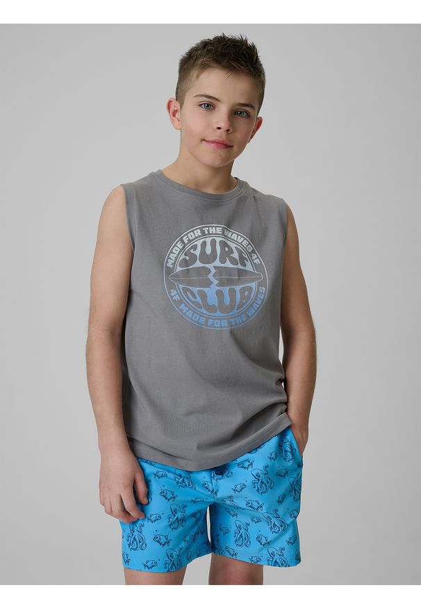4f - 4F Koszulka bez rękawów loose z nadrukiem chłopięca - szara 128 (7-8 lat). Kolor: szary. Materiał: dzianina, materiał, bawełna. Długość rękawa: bez rękawów. Wzór: nadruk. Sezon: lato